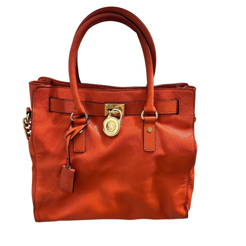 Michael Kors Large Hamilton Purse Hobo Bag North South Orange Leather Tote - Picture 3 of 9